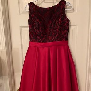 Red Satin Black/Lace Tea length bridesmaid dress